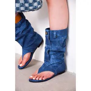 Matie Y2K Denim Slouchy Thong Sandal Boots - Blue Girl Women
