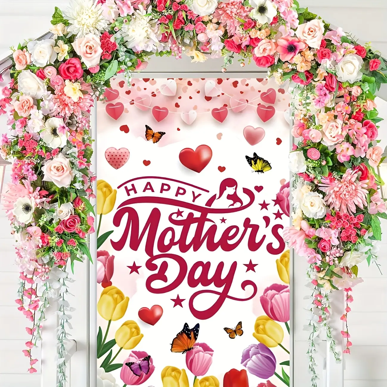 Mother's Day Banner Decoration, Tulip Flower Pull Flag Banners, No Power Required Door Cover, Perfect Party Decorations