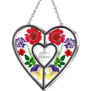 KY&BOSAM Heart Suncatchers I Love You Stained Glass Hangings for Windows Suncatcher Birthday Gifts for Women Mothers Valentine`S Day Real Flower Glass & Metal Maker for Christmas Party Home Decor Tiffany Lamp & Gift Factory