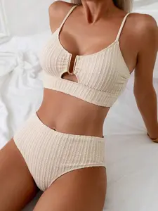 Swim Lushoire 2pcs Women's Summer U-Neck Hollow Out Decorated Tankini Swimsuit Set