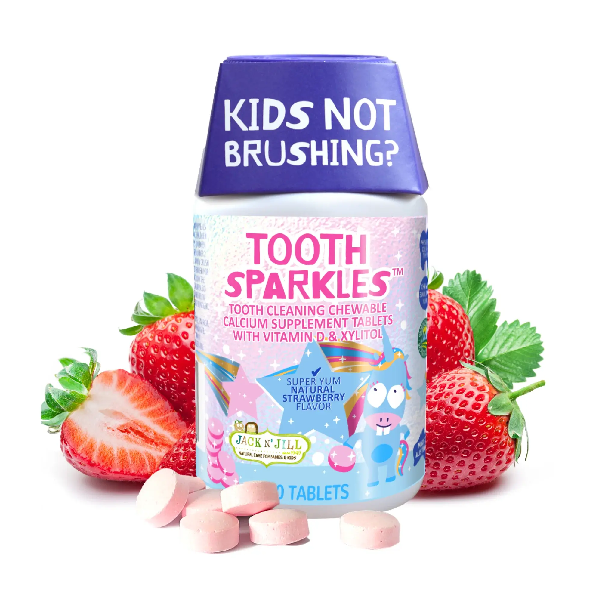 Jack N' Jill Kids Oral Daily Tooth Sparkles Chewable Cleaning Tablets - Vitamin D, Xylitol, Natural Strawberry Flavor (60 Count)