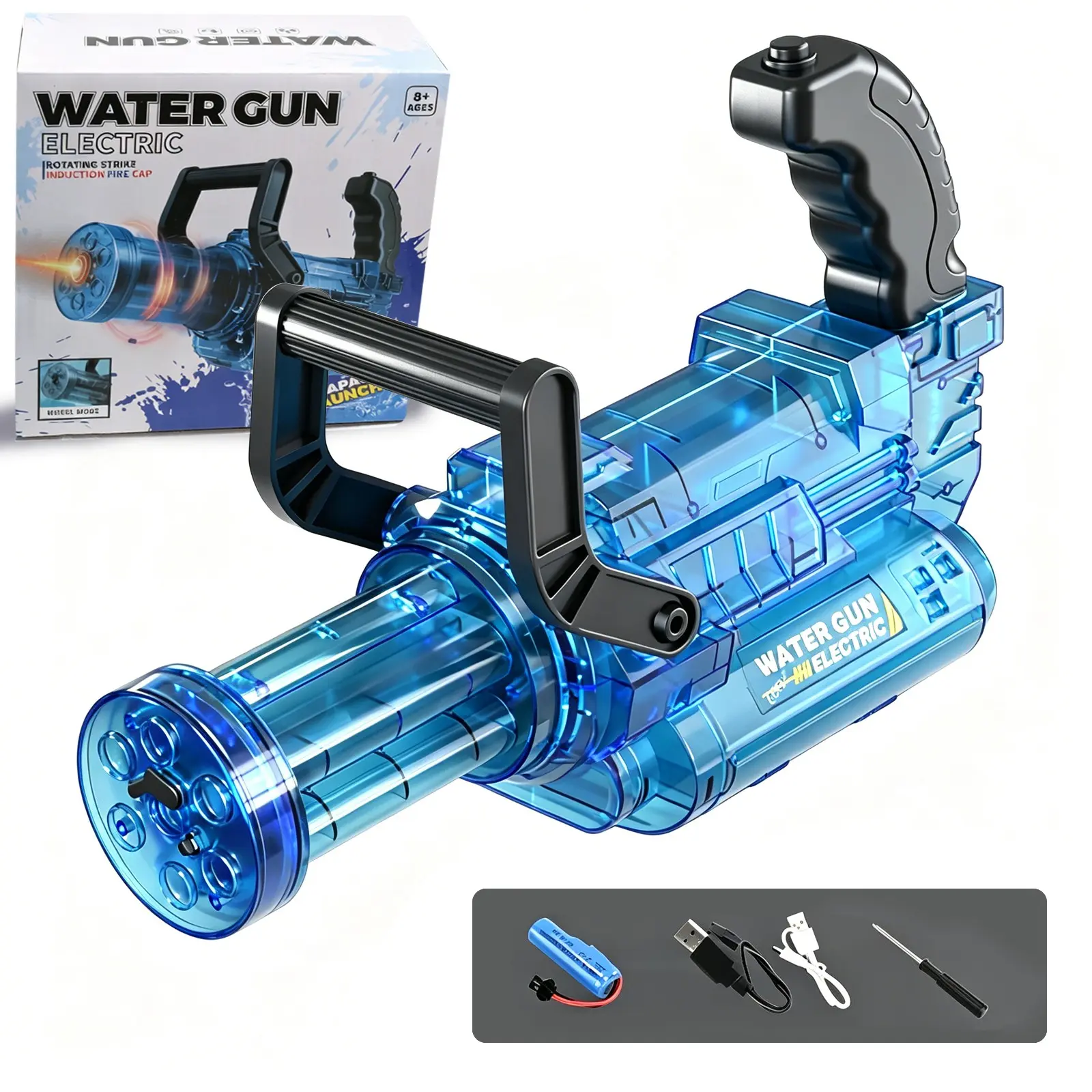 Gatling Toy Water Gun Set, 3.7v 500mah Battery, 450ML Tank, Protective Goggles, USB Charger, Detachable Barrel, Rotatable Firehead, Outdoor Fun, Waterblaster