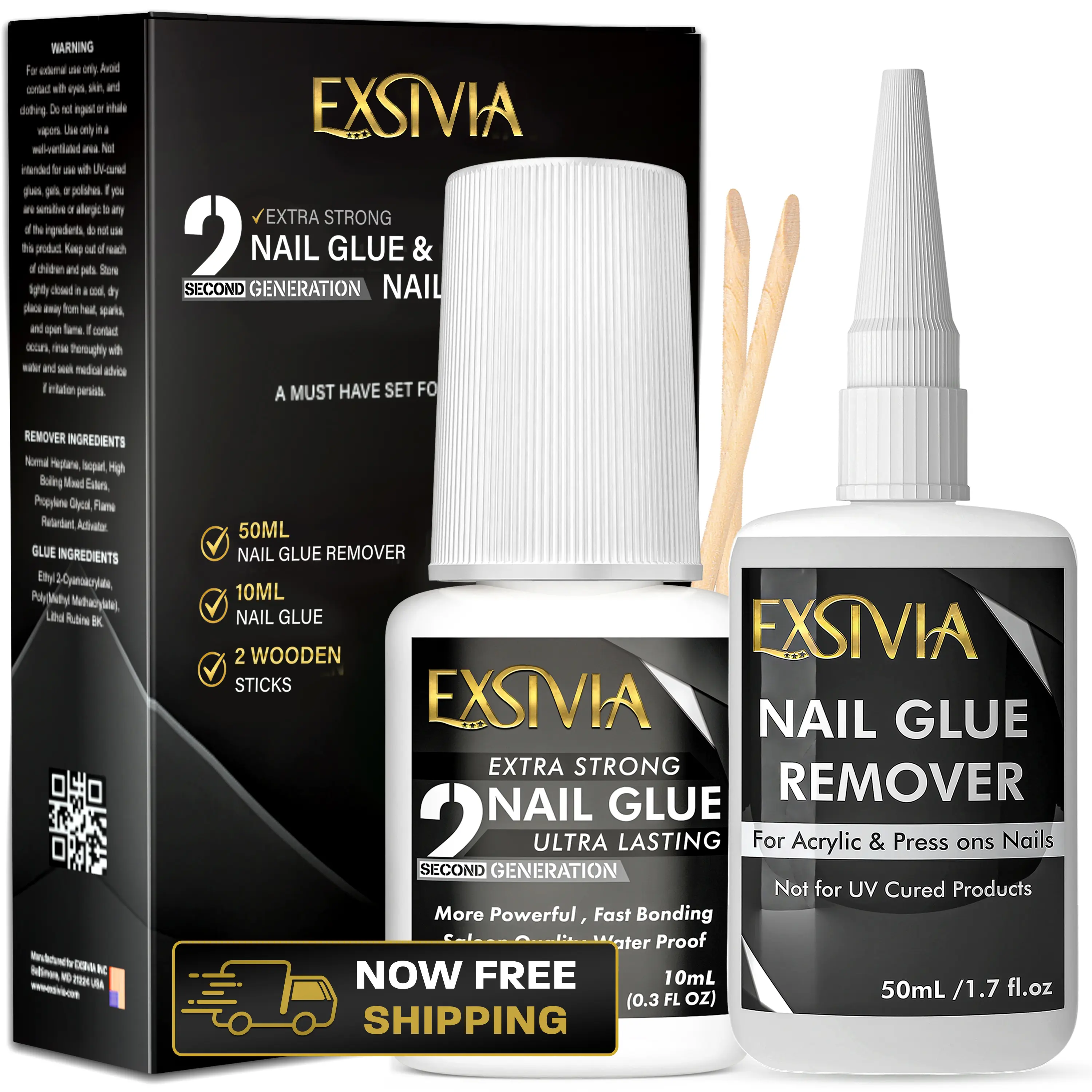 EXSIVIA Strong Press-On Nail Glue & Remover Kit - 10mL Brush-On Adhesive, 50mL Remover, 2 Wooden Cuticle Pusher EXSIVIA Strong Press-On Nail Glue & Remover Kit - 10mL Brush-On Adhesive, 50mL Remover, 2 Wooden Cuticle Pusher