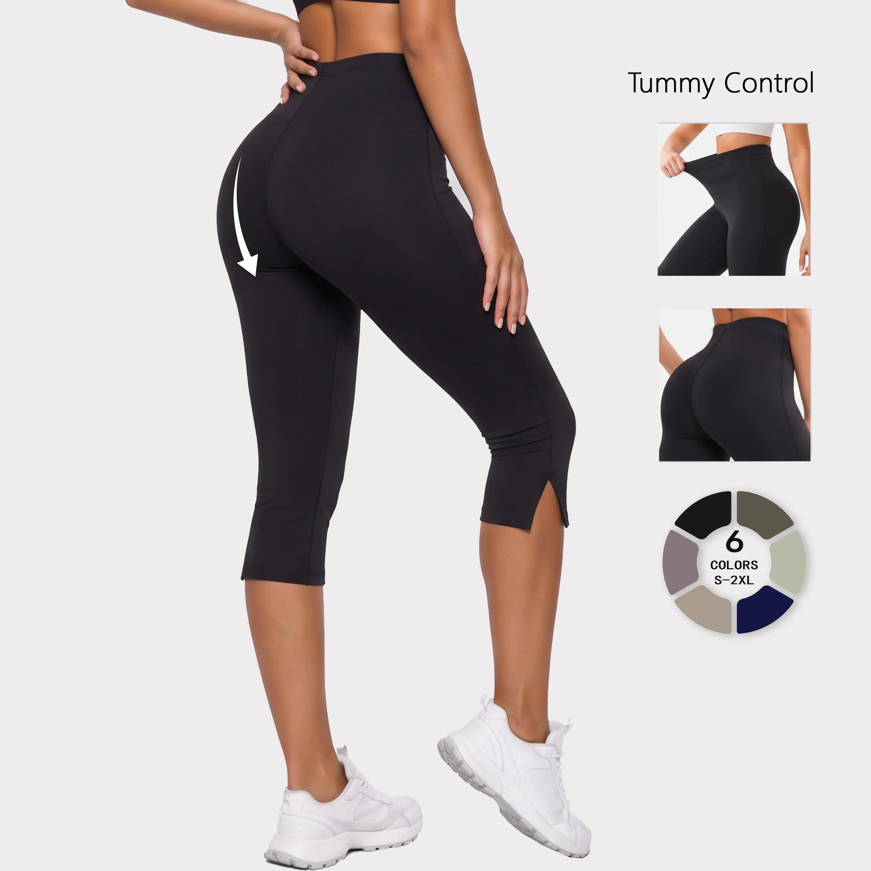 Women High Waist Knee Length Yoga Capri Leggings Solid Slim Fit Front Slit Hem Stretch Tummy Control Workout Cropped Pants for Gym Pilates Training