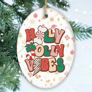 Retro Holly Jolly Vibes Throwback Christmas Ceramic Ornament - Circle, Star, Heart, Oval Shapes