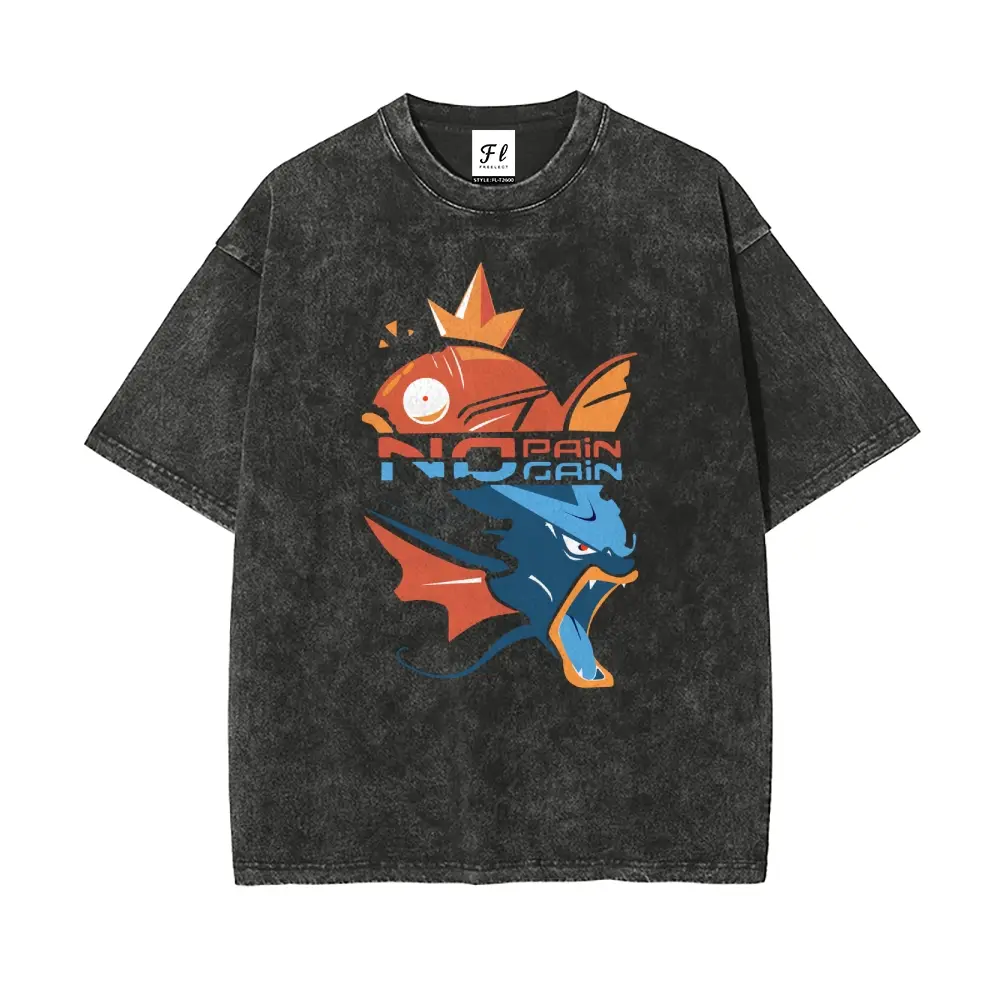Men's Oversized Loose Fit Stretch Casual Short-Sleeve Washed Cotton T-Shirt - Pocket Monsters Magikarp Gyarados Evolution "No Pain No Gain" Graphic, Retro Vintage Distressed Unisex Anime Streetwear Top