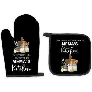 Mema Gifts Oven Mitts and Pot Holders Sets, Gifts for MemaGrandma from Grandkids Kitchen Accessories Sets, Sweeter in Mema’s Kitchen Heat Resistant Oven Glove Potholders for KitchenBaking