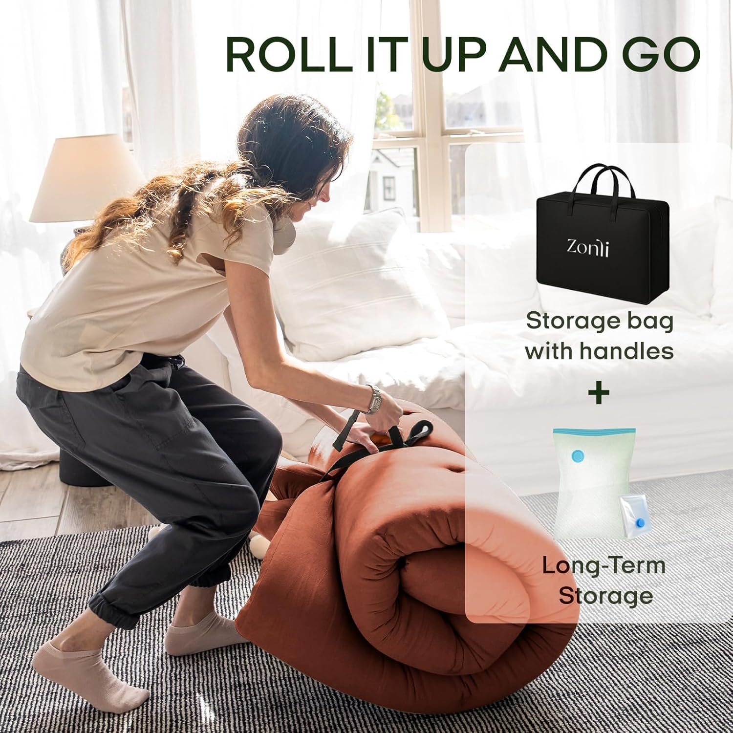 ZonLi Foldable Japanese Futon Mattress – Thick 100% Cotton, Portable Floor Bed, Easy Sleep Anywhere for Dorm, Guests & Camping