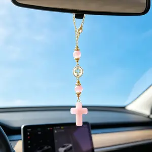 Cross Crystal Hanging Car Charm,Cute Healing Stones Car Decor for Rear View Mirror Boho Handmade Sun Catcher Ornament Accessories Rose Quartz Crystal Protection for Women