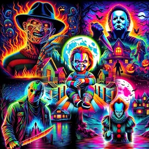 5D Full Drill Diamond Painting Kit Classic Horror Movie Villains Neon Art Halloween Scary Characters Crystal Rhinestone Embroidery Cross Stitch DIY Craft Home Wall Decor