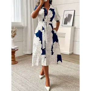 Print Maxi Dress with Tie Waist - Long Sleeve, Button-Up Collar, Machine Washable Polyester - Chic A-Line Silhouette for Spring/Summer/Fall Events, Spring Summer Dress|Elegant Floral Print Dress|Polyester Fabric Casual Fit Womenswear Photo Color