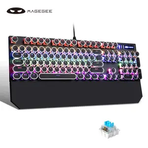 MageGee MK-Storm Typewriter Mechanical Gaming Keyboard, Retro Punk Round Keycaps Blue LED Backlight USB Wired Computer Keyboard for Gaming and Office, Compatible with Windows