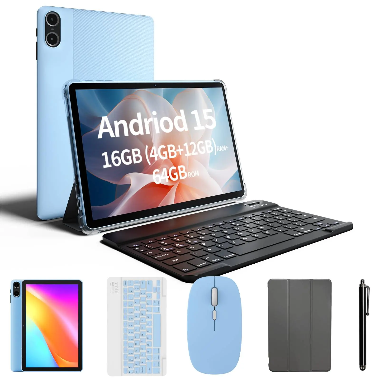 Back To School 10in LCD Touchscreen Tablet with 16GB(4+12) RAM, 64GB ROM, Android15, Portable Bluetooth Keyboard & Mouse Set, for Home Office, Gifts for Him