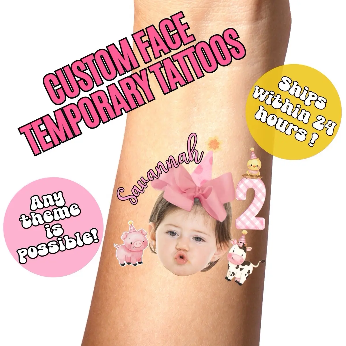 Birthday Custom Face Temporary Tattoos , Kids Party Favors , Childrens Barn Themed Party , 1st Rodeo Party , Personalized Fake Tattoos Gifts