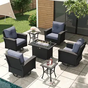 LayinSun 7 Piece Wicker Patio Furniture Set with Fire Pit Table, Classis Outdoor Conversation 360 Degree Swivel Chairs Set with Coffee Table