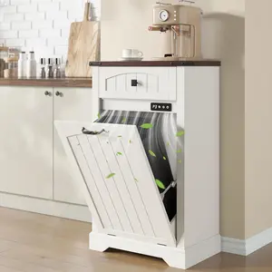 Vabches Tilt Out Trash Can Cabinet with Deodorizing Function, 10 Gallon Wooden Dog Proof Trash Cabinet with Drawer, Hidden Laundry Hamper Cabinet for Kitchen Laundry Room