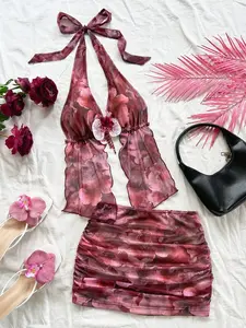 Meghana Vacation Floral Print Knit Mesh Halter Tie Bow Backless Lace-Up Front 3D Flower Decor Camisole And Ruched Mini Skirt Set, Suitable For Summer Beach, Vacation, Boho Style