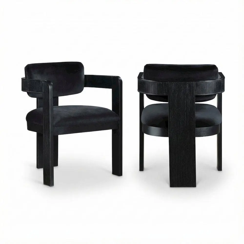 Plush Seat Black Velvet Dining Chairs Set of 2 - Art Deco Design, Plush Upholstery, Armrest-Equipped Indoor Furniture Chairs, With Arms