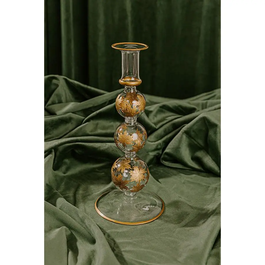 Falling Snowflakes 10 inches Gold Etched Candlestick Holder