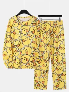 Men's Cartoon Duck Print Long T-Shirt, Elastic Waist Pants & Shorts Casual Set, Comfortable Sleepwear, Fitted Style, Pajama Set