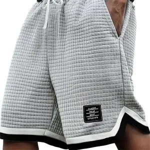 Men’s waffle knit shorts with elastic drawstring waist, summer casual style, stretchy breathable soft fabric, solid gray versatile men’s shorts, tropical style