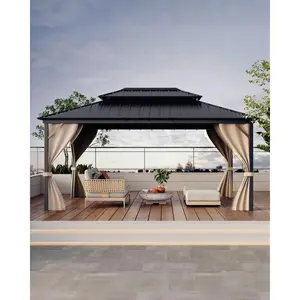 12x16FT Hardtop Outdoor Gazebo, Alloy Frame Permanent Shade Pavilion with Curtain and Mesh Net for Patio, Deck, Backyard, Lawn, and Garden, Khaki netting summervibes summergarden