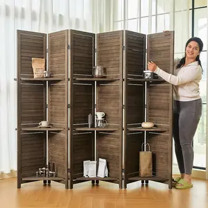 Partition Room Dividers, 67 * 51inch Folding Wood Privacy Screen with Three Display Shelves Suitable for Home Office, Study, Art Display - 4 Panel(Natural)