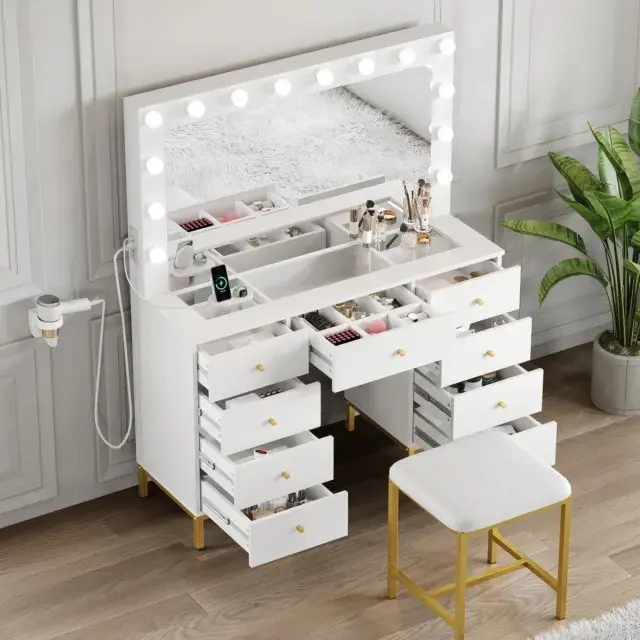 Vanity Set with Led Lights Makeup Desk Dressing Dresser Desk Table with 9 Drawer