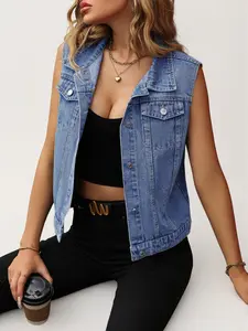 Women's Casual Basic Sleeveless Denim Top, Front Button Design, Perfect for Daily Wear, Fashionable Gift Idea, Slim-Fitting Style Vests