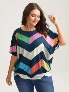 【Summer Turn-Up】BlOOMCHIC Plus Size Color Block Wavy Print T-Shirt - Multicolor Striped Dolman Sleeve Loose Fit High Stretch Round Neck Top Fabric Garment Tshirt SpringStatements [M-6X] 2026 Summer Pick for Mother's Day