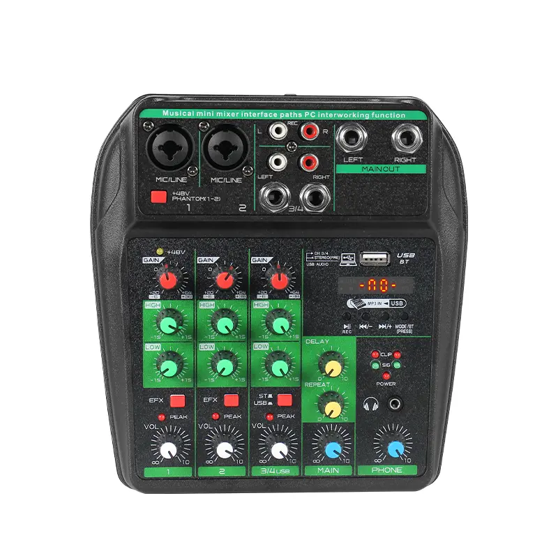 4-Channel Portable Mini Electronic Audio Mixer Board Equipment - Bluetooth Mixing Console with USB Sound Card, Reverb Delay, XLR Input, Plug-and-Play Podcast Adapter Kit, Audio Cable, Compatible with PC/Phone/Tablet for Content Creators, Live Streaming