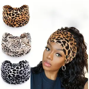 Women's Wide Non-Slip Workout Headbands, Super Soft Elastic Sweat-Absorbent Headbands for Yoga Running Gym, Leopard Print Hair Wraps