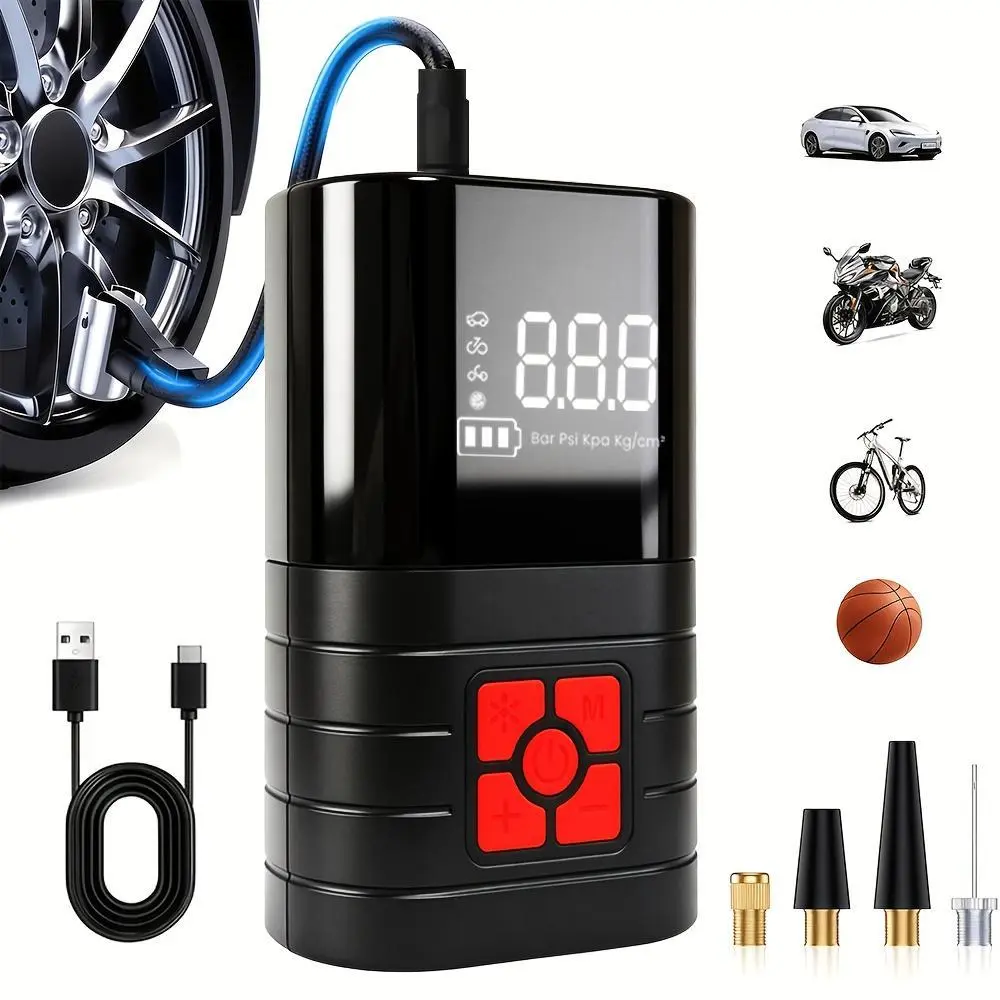 Handheld Portable Tire Inflator - 250 PSI Rapid Inflation, USB-Rechargeable Large-Capacity Battery, Digital Display Gauge, LED Lighting, Compact, Compatible with Cars/Bikes, Road Trip Automotive Repair Essential