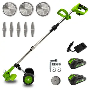 21V Cordless Weed Wacker with 2 Batteries & Wheels, 3-in-1 Electric Grass Trimmer & Brush Cutter, Adjustable Pole Weed Eater with Multi-Blades for Lawn Care fathersdaygift,Women-friendly