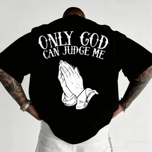 Men'S "Only God Can Judge Me" Graphic T-Shirt - Casual Crew Neck,Loose Fit, Short Sleeve Top, Beige with Praying Hands Design