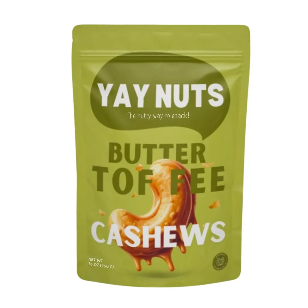 Yay Nuts Butter Toffee Cashews - 1 lb, Butter Toffee Coated Cashew Nuts, Delicious and Sweet Nut Snacks Crunchy, Cashew Nut Snack Packs for School, Of