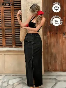 Women's Denim Midi Skirt, A-Line Slim Fit Design, Natural Waist, Front Slit Detailing, Perfect for All Seasons, Casual Fashion Skirt, Batch No. 20250720, Elegant Casual Skirt