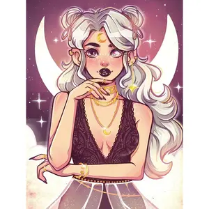 Mystical Silver-Haired Girl with Moon Jewelry Under Starry Sky, Multiple sizes available including square diamonds. 5D DIY diamond painting set diamond art embroidery kit handmade furniture decor holiday birthday art personalized gift, Diy Kits