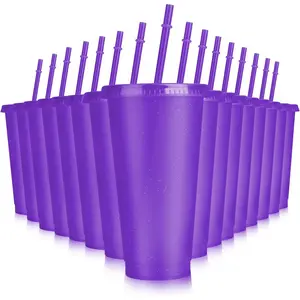 16-  Cups with  and Straws, 24 oz Glitter Plastic Tumbler Iced Coffee Cups Travel Mugs for Smoothies, Juices, Beach, Bachelor Party (Purple)