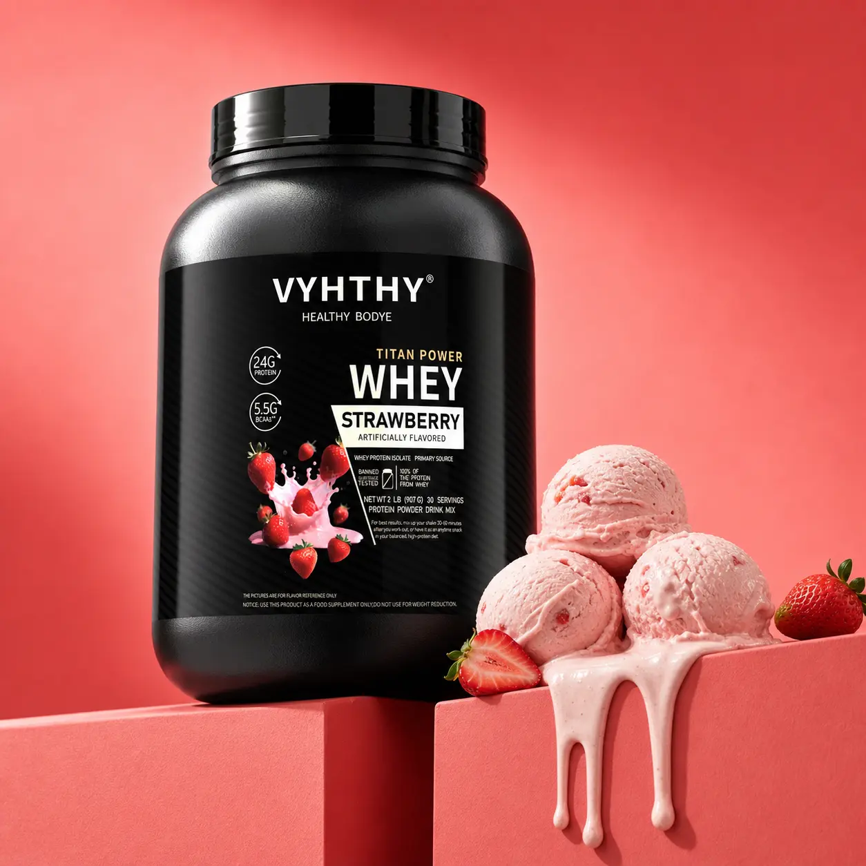VYHTHY Pure Whey Protein Powder Strawberry Ice Cream Flavor, 30 Servings – 24g of Protein per Serving | Supports Post-Workout Muscle Recovery and Growth & Bone Health