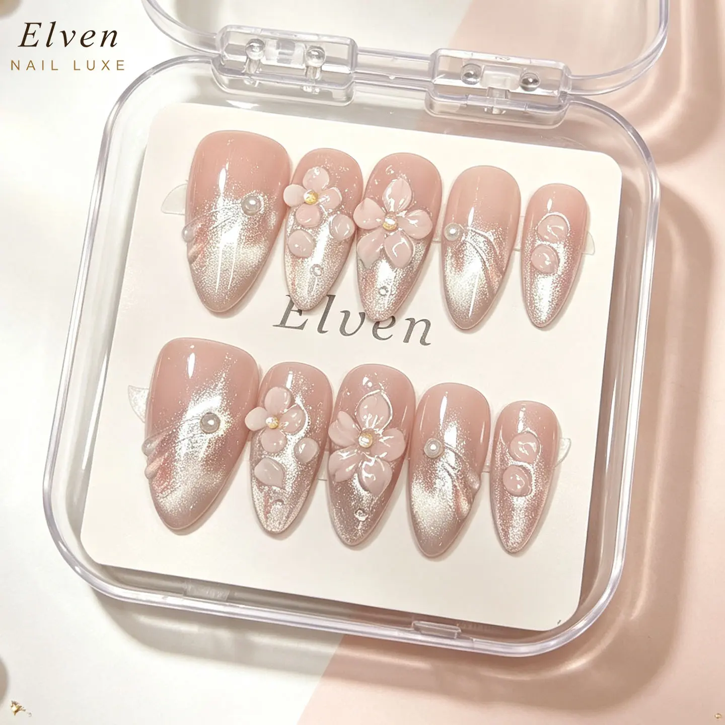 Handmade Nude Silver Glitter Gradient Baby Pink Press On Nails With 3D Floral, Mirror Chrome Pearl & Swirl Texture Accents, Medium Almond Reusable Fake Nails For Elegant Daily Wear，Salon Quality