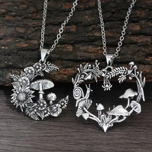2pcs Fashion Antique Mushroom Pendant Necklace Vintage Silvery Chain Moon Necklace Party Jewelry Gift