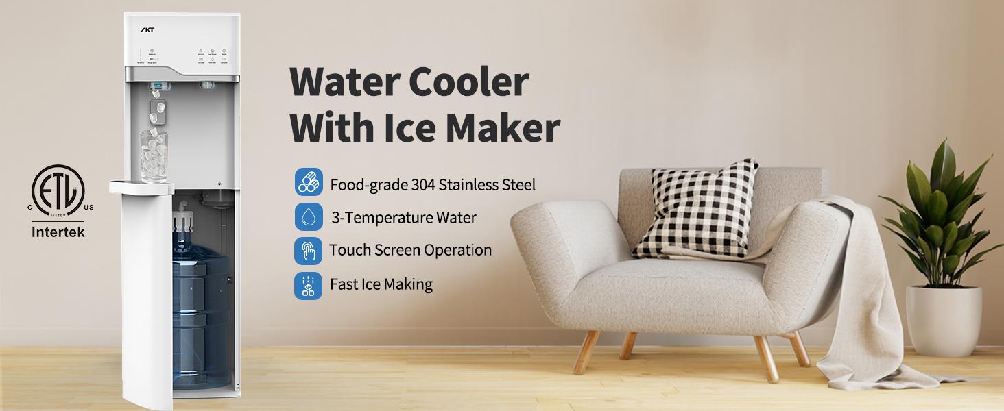 IKT Hot/Cold Water Cooler Dispenser with Ice Maker, 5 Gal, Bottom Load, Bullet Ice 22lbs Per Day Innovative Slim & Sleek Design for Home or Office White