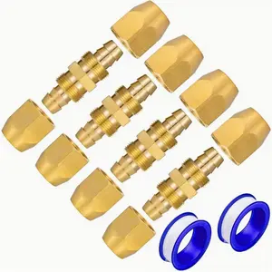 4pcs Brass Pneumatic Hose Splicer, Reusable Hose Splicer Repair Kit, with 2 Teflon Tape, for 1/ 4-Inch ID Hose, Air Hose Repair Fitting, for Home, Garages, Professional Car Shops, etc.