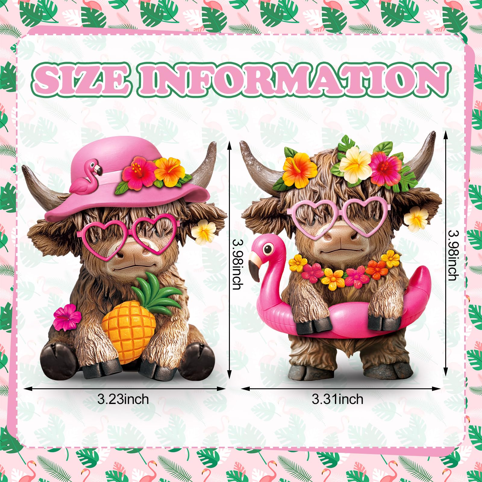 2 Pcs Hawaii Highland Cow Figurines Decor Summer Flamingo Resin Statue Gnomes Scottish Calf Lovers Housewarming Gifts for Coastal Garden Home Kitchen Office Tiered Tray Table Decor