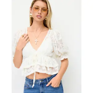 Cider Lace V-Neck Puff Sleeve Ruffled Top SummerWins