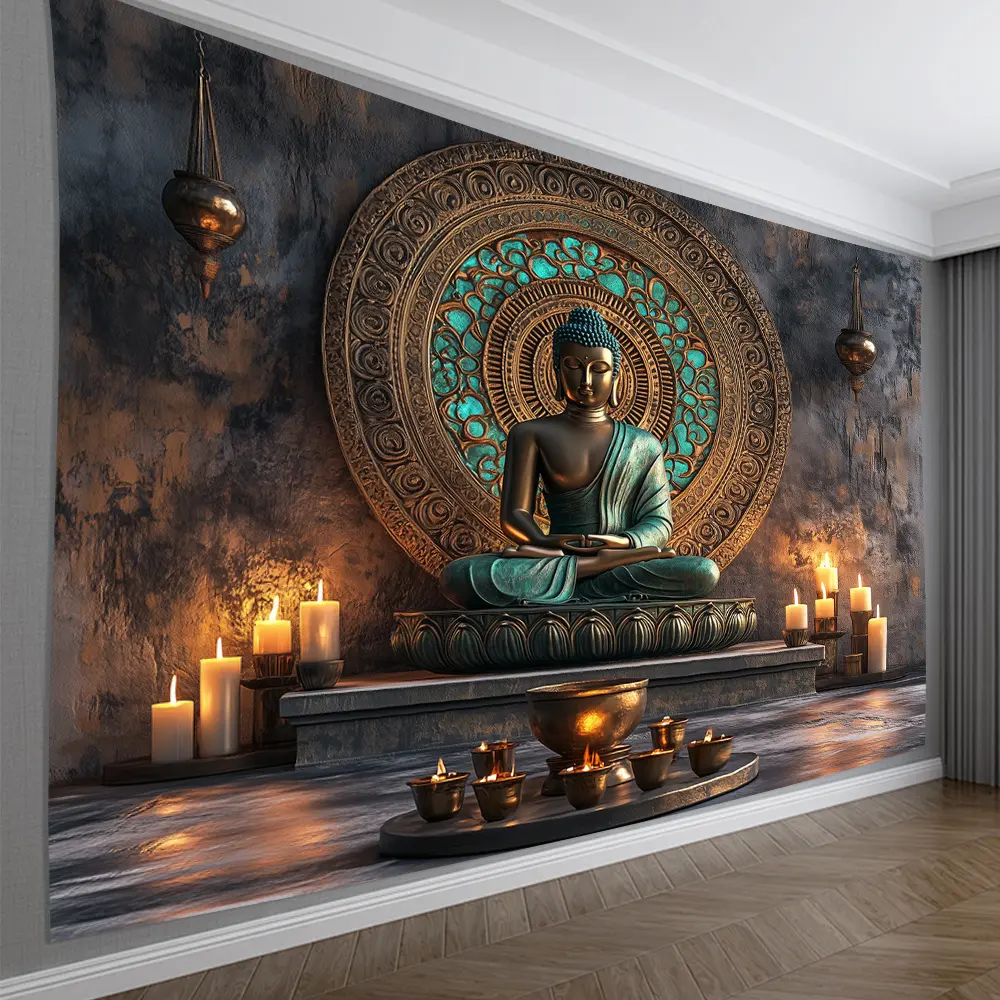 3D Visual Effect Religious Buddha Statue Tapestry - Vintage Style Synthetic Polyester Wall Hanging for Living Room, Home Party Ambiance, Piggy Bank Decor
