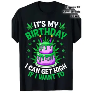 Men'S Funny Weed-Themed "It'S My Birthday" Slogan Design T-Shirt |, Short Sleeve, Regular Fit, Comfortable Stretch Fabric, All-Season Wear, Crew Neck, Casual Style