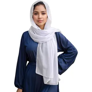 Solid Color Bubble Chiffon Hijab With Crochet Elegant Soft Georgette Shawl Scarf For Abaya Dress Headscarf