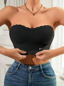 1 Count Women's Strapless Push-Up Bandeau Bra, Front Closure Underwear, Rib Knit, Wireless Bra, Comfortable Fit For Lift & Stability, Sexy & Elegant Solid Color, Push-Up Effect & Natural Lift, Perfect For Daily Wear & Office Use